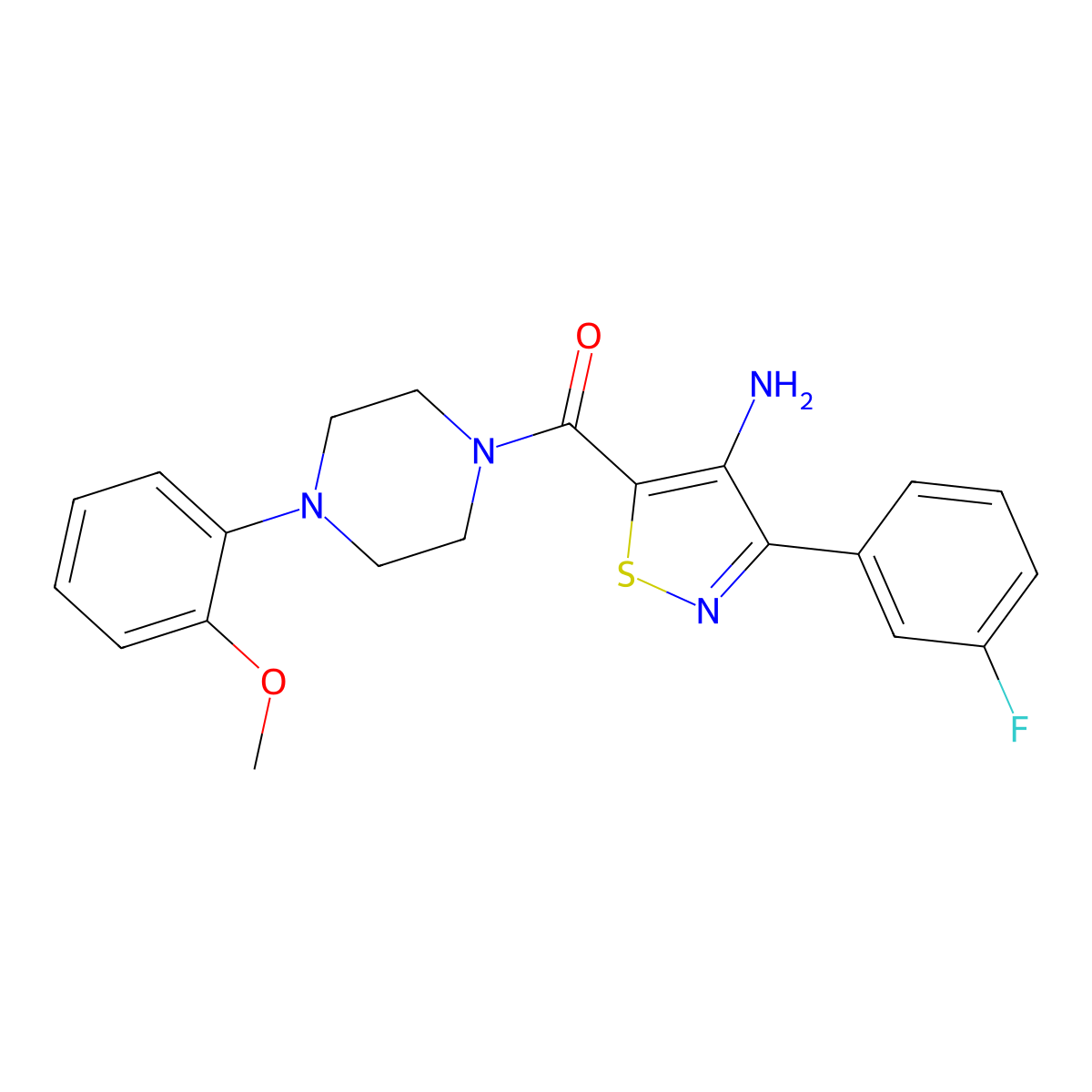 (4-Amino-3-(3-fluorophenyl)isothiazol-5-yl)(4-(2-methoxyphenyl)piperazin-1-yl)methanone molecular structure, CAS 1286702-57-5