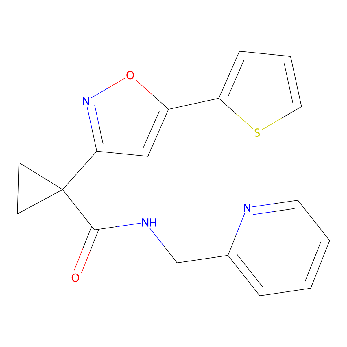 N-(pyridin-2-ylmethyl)-1-(5-(thiophen-2-yl)isoxazol-3-yl)cyclopropanecarboxamide molecular structure, CAS 1286702-59-7