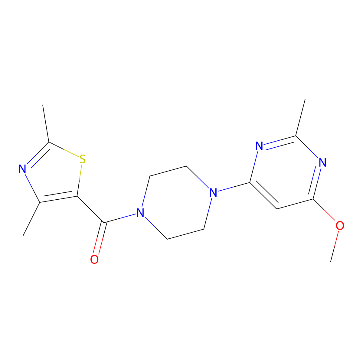 (2,4-Dimethylthiazol-5-yl)(4-(6-methoxy-2-methylpyrimidin-4-yl)piperazin-1-yl)methanone molecular structure, CAS 1286702-76-8
