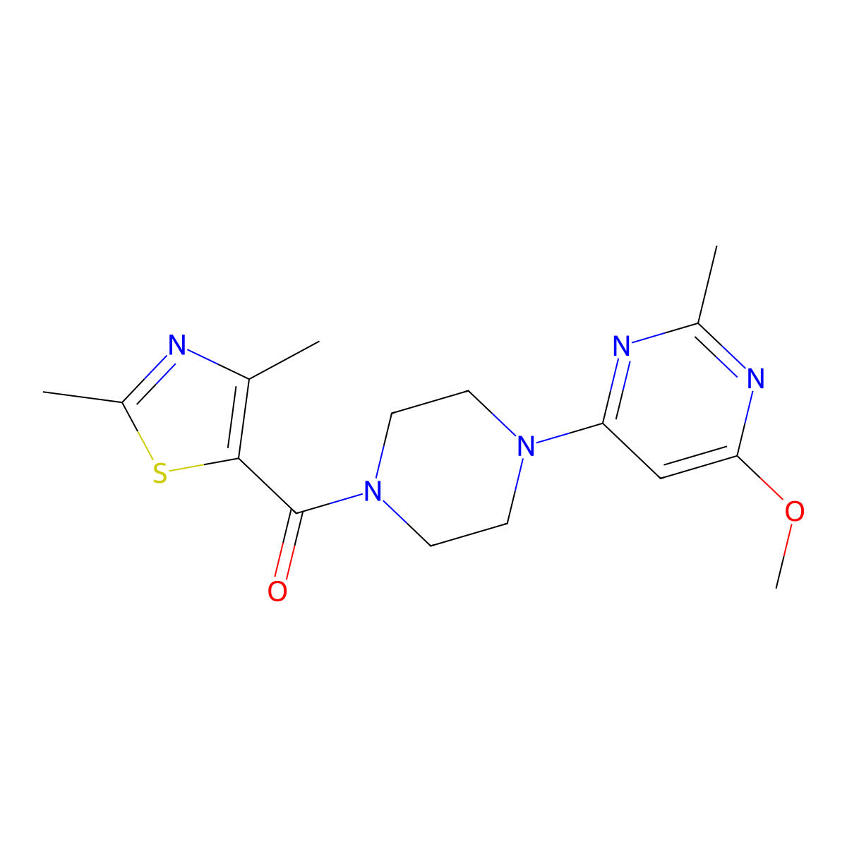 (2,4-Dimethylthiazol-5-yl)(4-(6-methoxy-2-methylpyrimidin-4-yl)piperazin-1-yl)methanone molecular structure, CAS 1286702-76-8