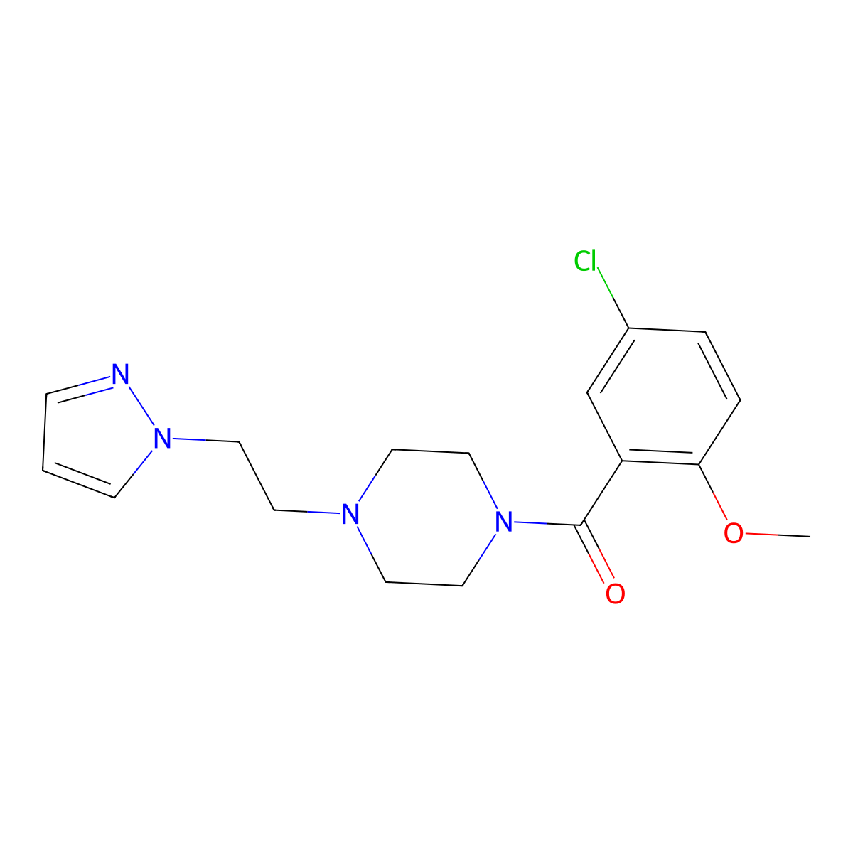 (4-(2-(1H-pyrazol-1-yl)ethyl)piperazin-1-yl)(5-chloro-2-methoxyphenyl)methanone molecular structure, CAS 1286702-82-6