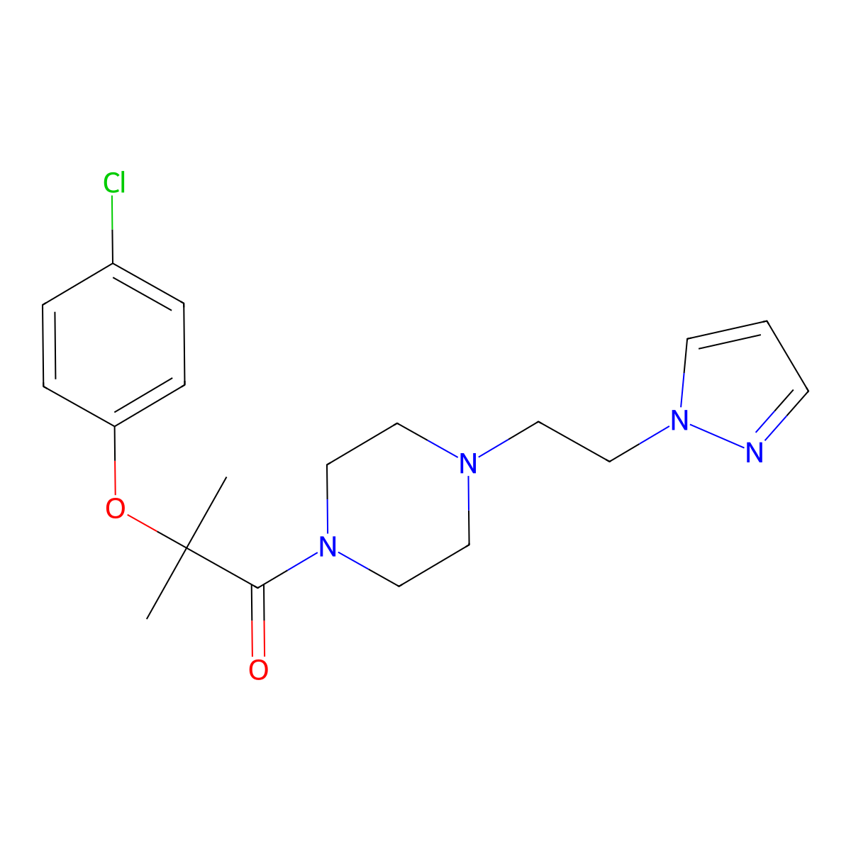 2-(4-chlorophenoxy)-2-methyl-1-{4-[2-(1H-pyrazol-1-yl)ethyl]piperazin-1-yl}propan-1-one molecular structure, CAS 1286702-84-8