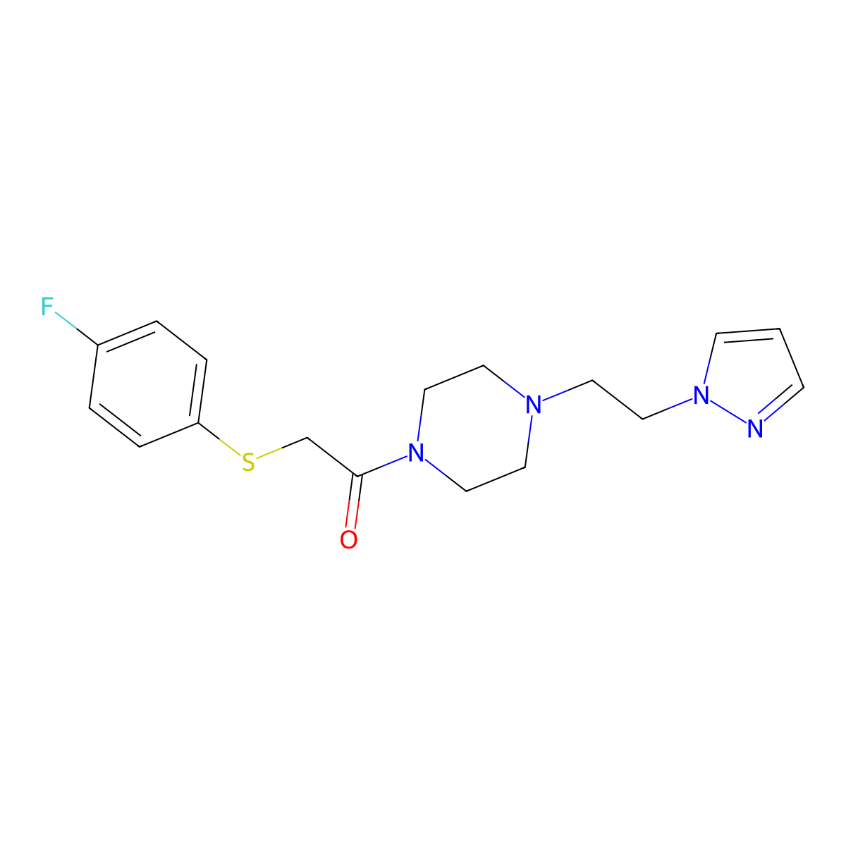 1-(4-(2-(1H-pyrazol-1-yl)ethyl)piperazin-1-yl)-2-((4-fluorophenyl)thio)ethanone molecular structure, CAS 1286702-93-9