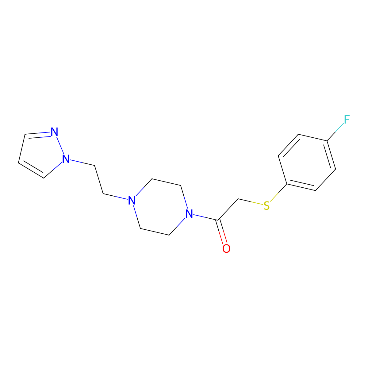 1-(4-(2-(1H-pyrazol-1-yl)ethyl)piperazin-1-yl)-2-((4-fluorophenyl)thio)ethanone molecular structure, CAS 1286702-93-9