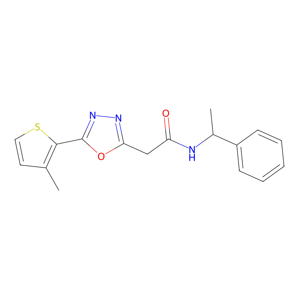 2-[5-(3-methylthiophen-2-yl)-1,3,4-oxadiazol-2-yl]-N-(1-phenylethyl)acetamide molecular structure, CAS 1286702-98-4