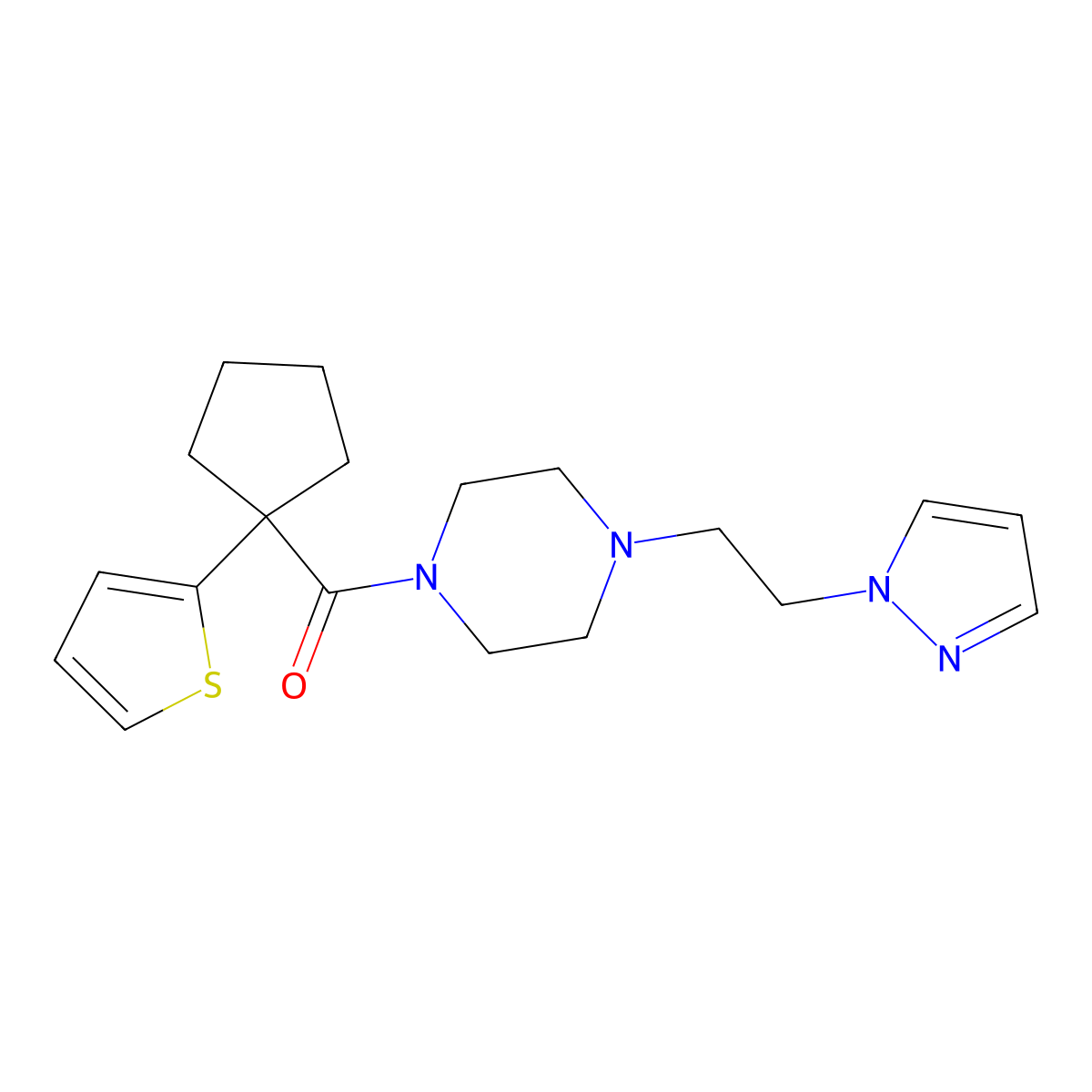(4-(2-(1H-pyrazol-1-yl)ethyl)piperazin-1-yl)(1-(thiophen-2-yl)cyclopentyl)methanone molecular structure, CAS 1286702-99-5