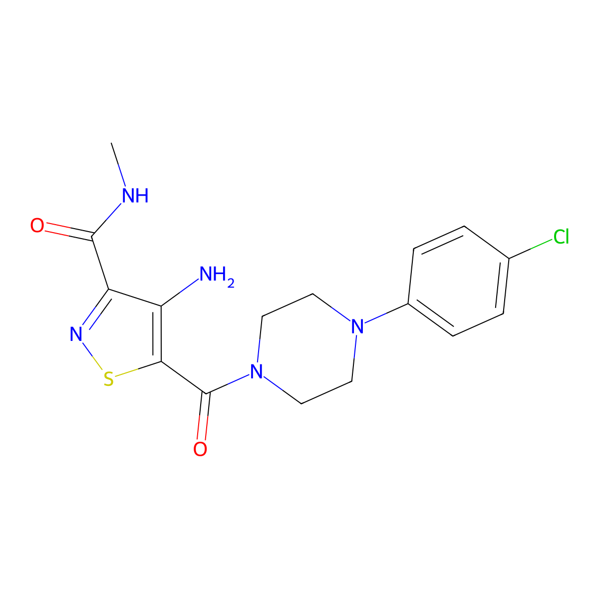 4-amino-5-(4-(4-chlorophenyl)piperazine-1-carbonyl)-N-methylisothiazole-3-carboxamide molecular structure, CAS 1286703-01-2
