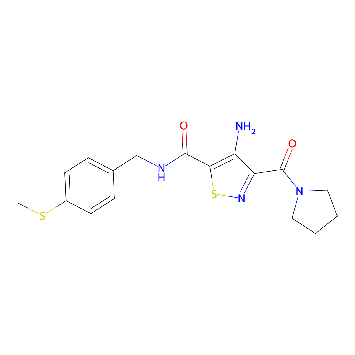 4-amino-N-(4-(methylthio)benzyl)-3-(pyrrolidine-1-carbonyl)isothiazole-5-carboxamide molecular structure, CAS 1286703-19-2