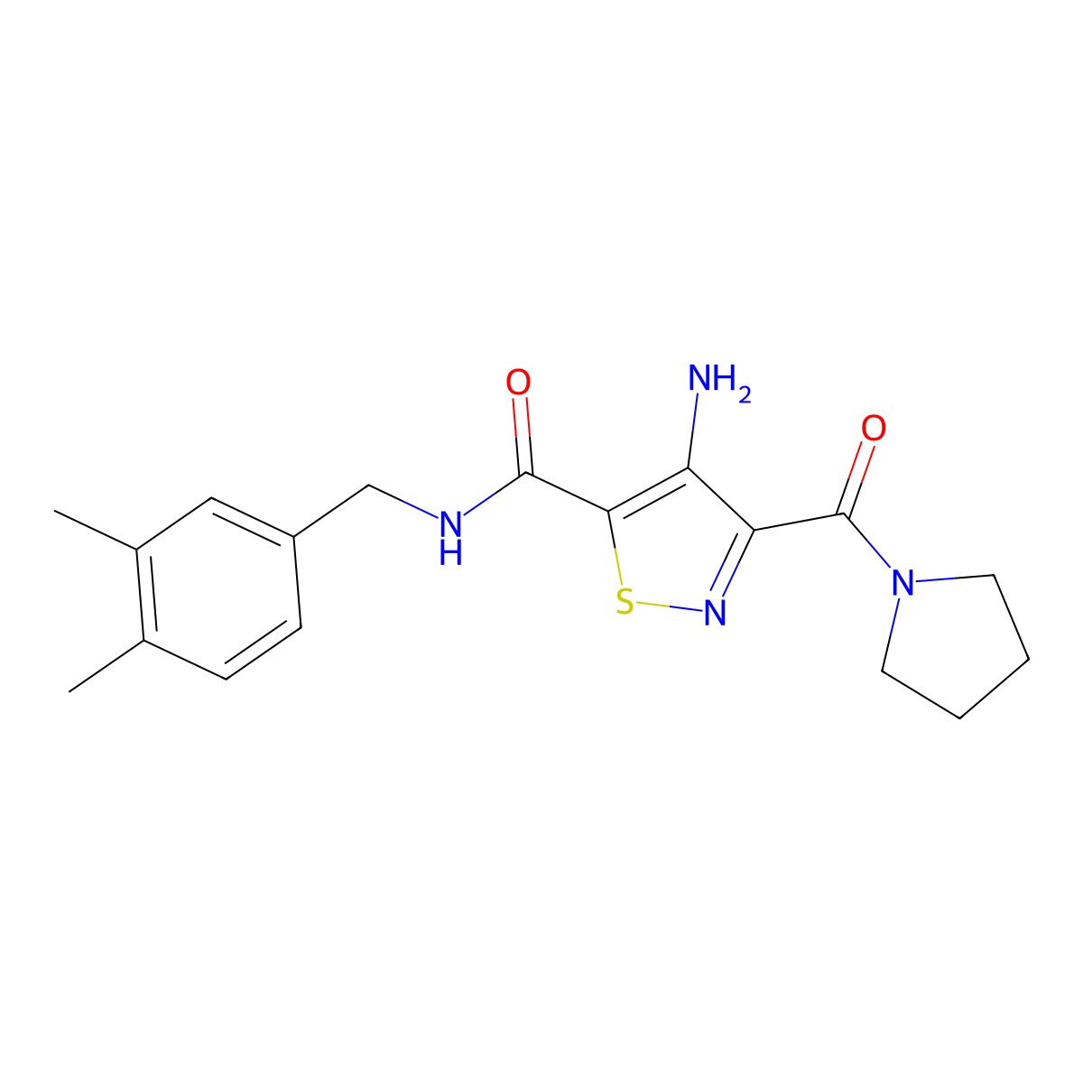 4-amino-N-(3,4-dimethylbenzyl)-3-(pyrrolidine-1-carbonyl)isothiazole-5-carboxamide molecular structure, CAS 1286703-21-6