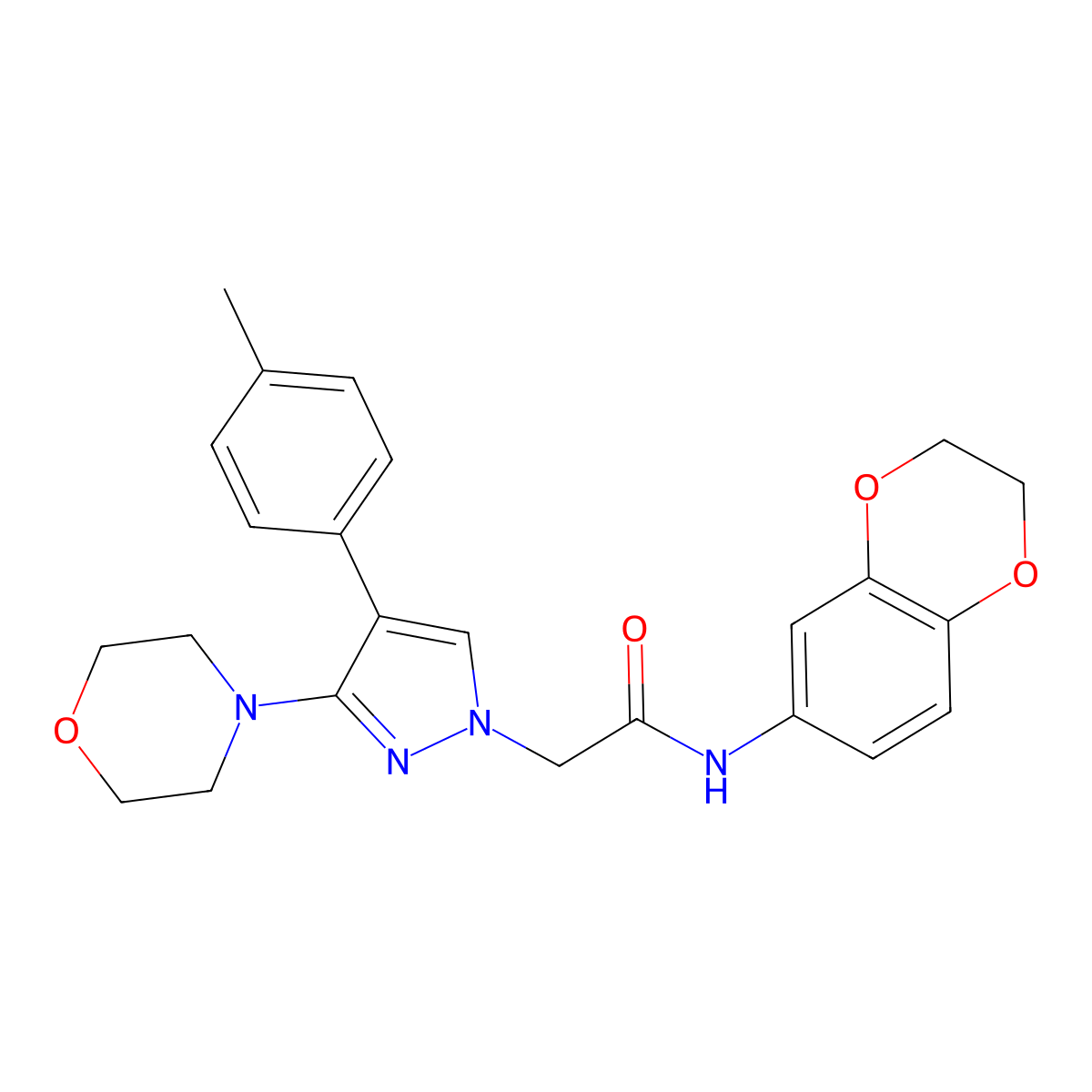 N-(2,3-dihydrobenzo[b][1,4]dioxin-6-yl)-2-(3-morpholino-4-(p-tolyl)-1H-pyrazol-1-yl)acetamide molecular structure, CAS 1286703-38-5