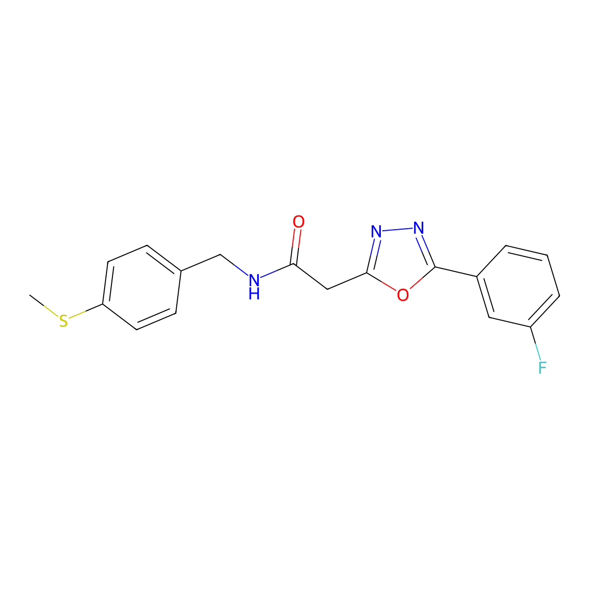 2-(5-(3-fluorophenyl)-1,3,4-oxadiazol-2-yl)-N-(4-(methylthio)benzyl)acetamide molecular structure, CAS 1286703-47-6