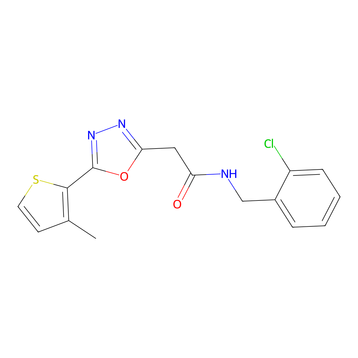 N-[(2-chlorophenyl)methyl]-2-[5-(3-methylthiophen-2-yl)-1,3,4-oxadiazol-2-yl]acetamide molecular structure, CAS 1286703-60-3