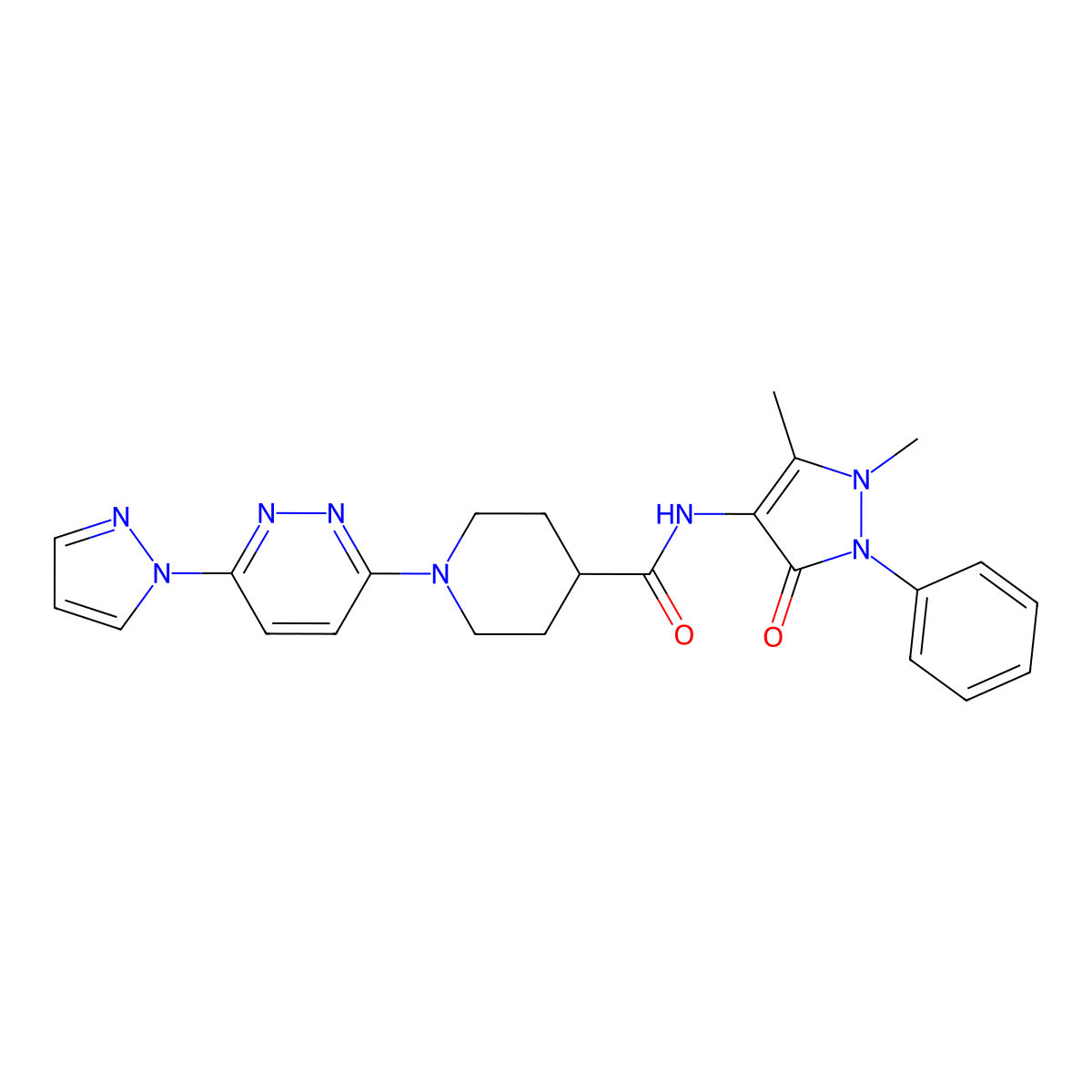 1-(6-(1H-pyrazol-1-yl)pyridazin-3-yl)-N-(1,5-dimethyl-3-oxo-2-phenyl-2,3-dihydro-1H-pyrazol-4-yl)piperidine-4-carboxamide molecular structure, CAS 1286703-65-8