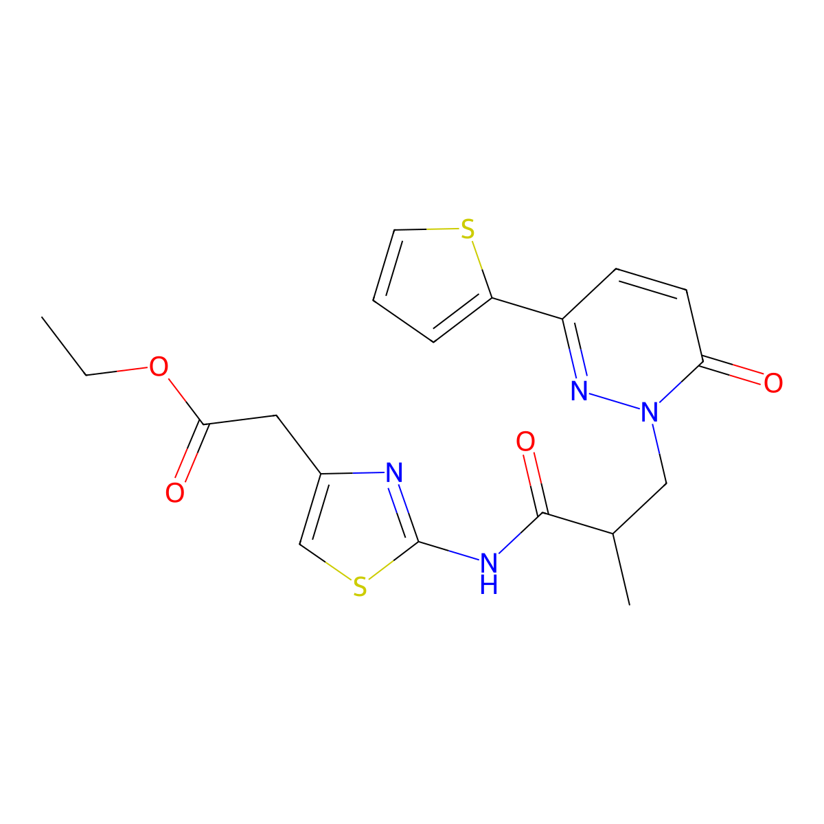 ethyl 2-(2-(2-methyl-3-(6-oxo-3-(thiophen-2-yl)pyridazin-1(6H)-yl)propanamido)thiazol-4-yl)acetate molecular structure, CAS 1286703-89-6