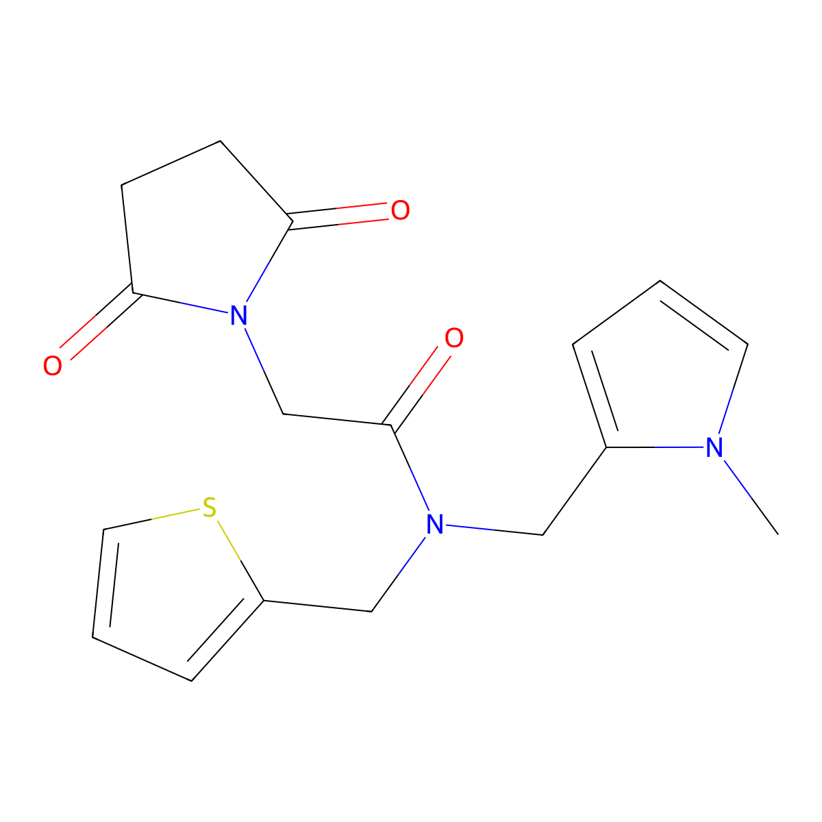 2-(2,5-dioxopyrrolidin-1-yl)-N-((1-methyl-1H-pyrrol-2-yl)methyl)-N-(thiophen-2-ylmethyl)acetamide molecular structure, CAS 1286704-02-6
