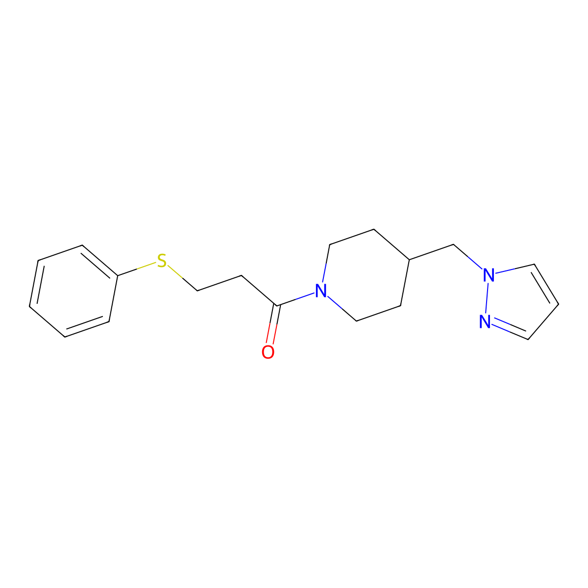 1-(4-((1H-pyrazol-1-yl)methyl)piperidin-1-yl)-3-(phenylthio)propan-1-one molecular structure, CAS 1286704-24-2