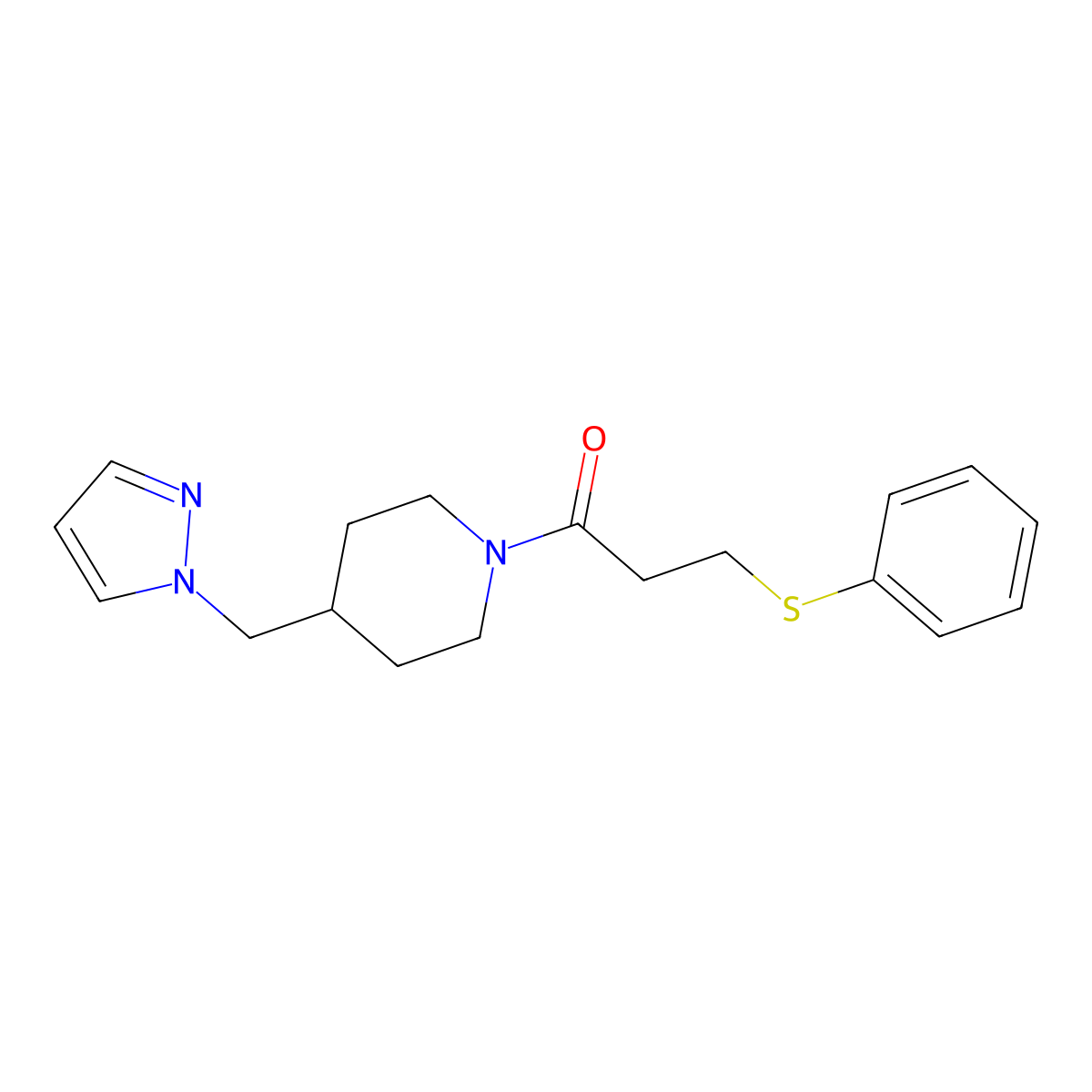 1-(4-((1H-pyrazol-1-yl)methyl)piperidin-1-yl)-3-(phenylthio)propan-1-one molecular structure, CAS 1286704-24-2
