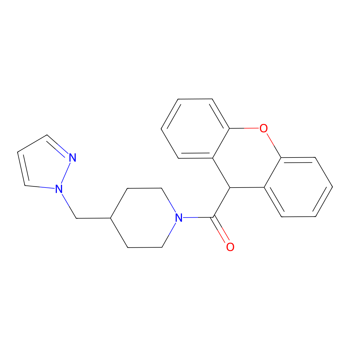 (4-((1H-pyrazol-1-yl)methyl)piperidin-1-yl)(9H-xanthen-9-yl)methanone molecular structure, CAS 1286704-25-3