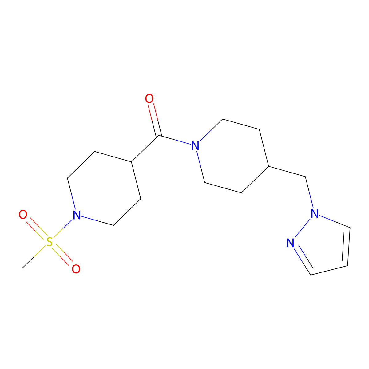 (4-((1H-pyrazol-1-yl)methyl)piperidin-1-yl)(1-(methylsulfonyl)piperidin-4-yl)methanone molecular structure, CAS 1286704-26-4