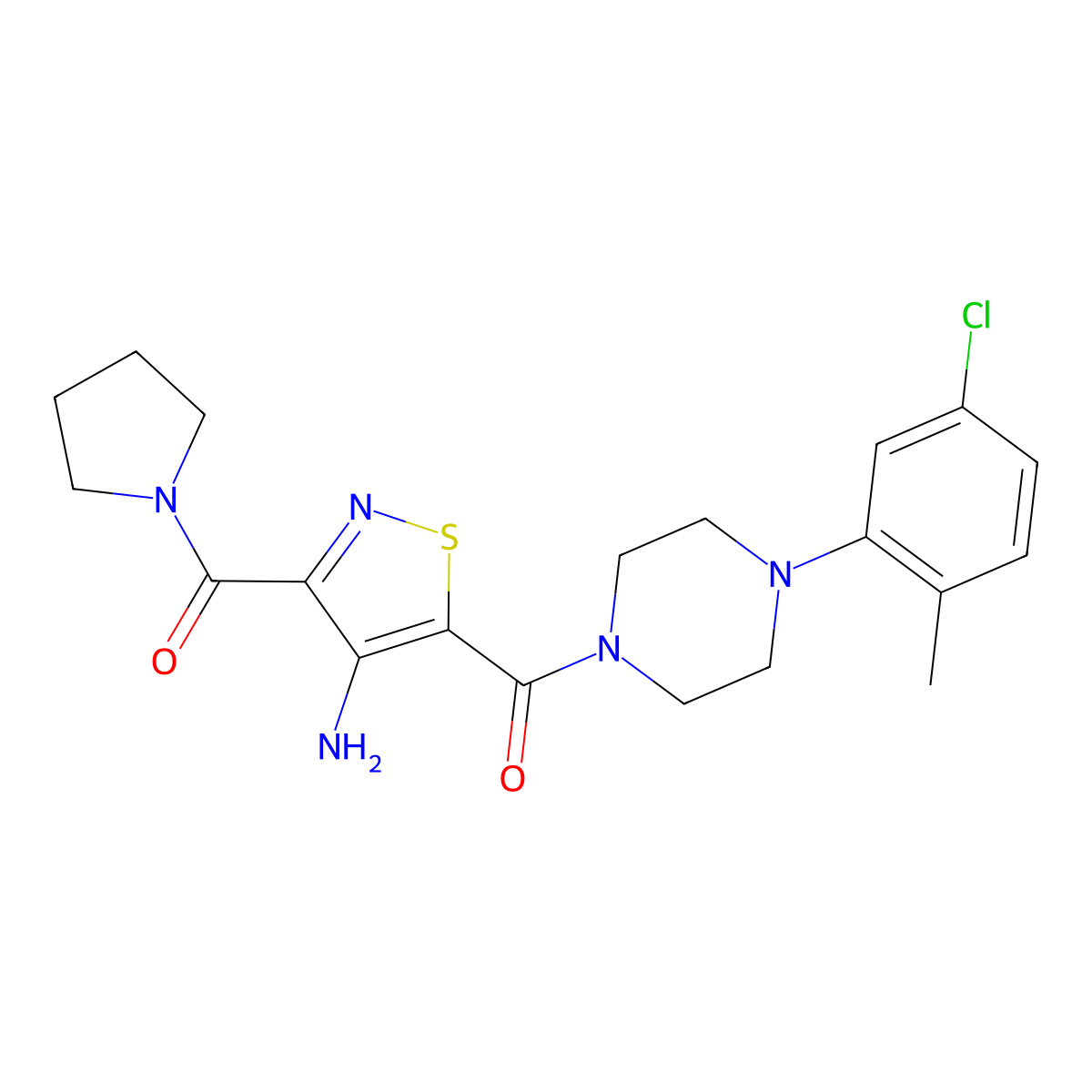(4-Amino-3-(pyrrolidine-1-carbonyl)isothiazol-5-yl)(4-(5-chloro-2-methylphenyl)piperazin-1-yl)methanone molecular structure, CAS 1286704-35-5