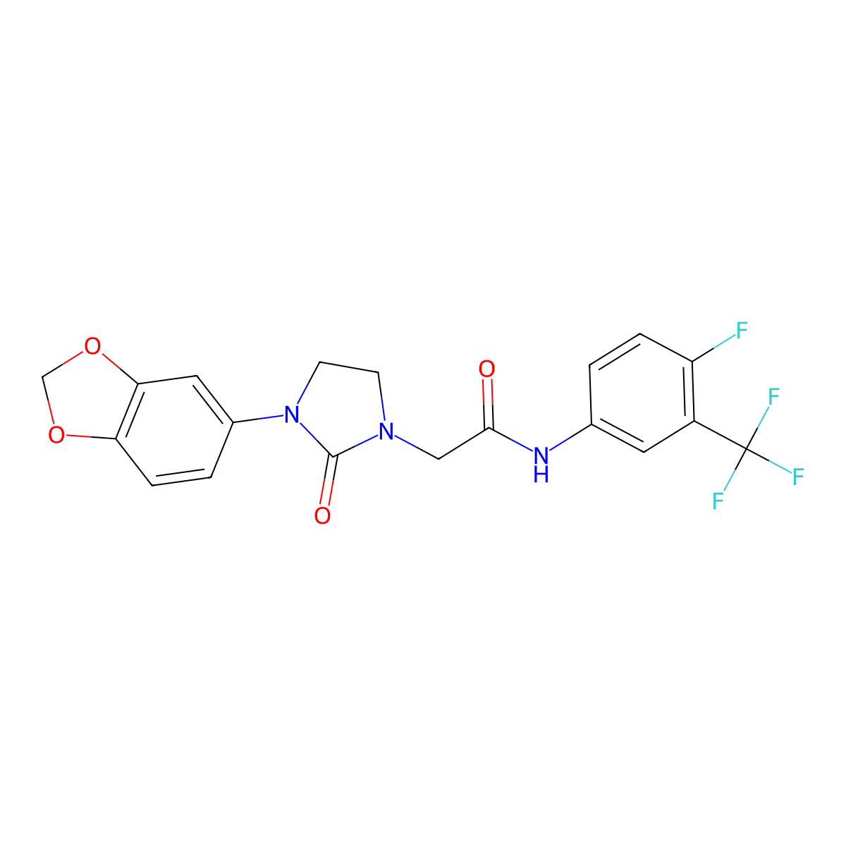 2-(3-(benzo[d][1,3]dioxol-5-yl)-2-oxoimidazolidin-1-yl)-N-(4-fluoro-3-(trifluoromethyl)phenyl)acetamide molecular structure, CAS 1286704-51-5