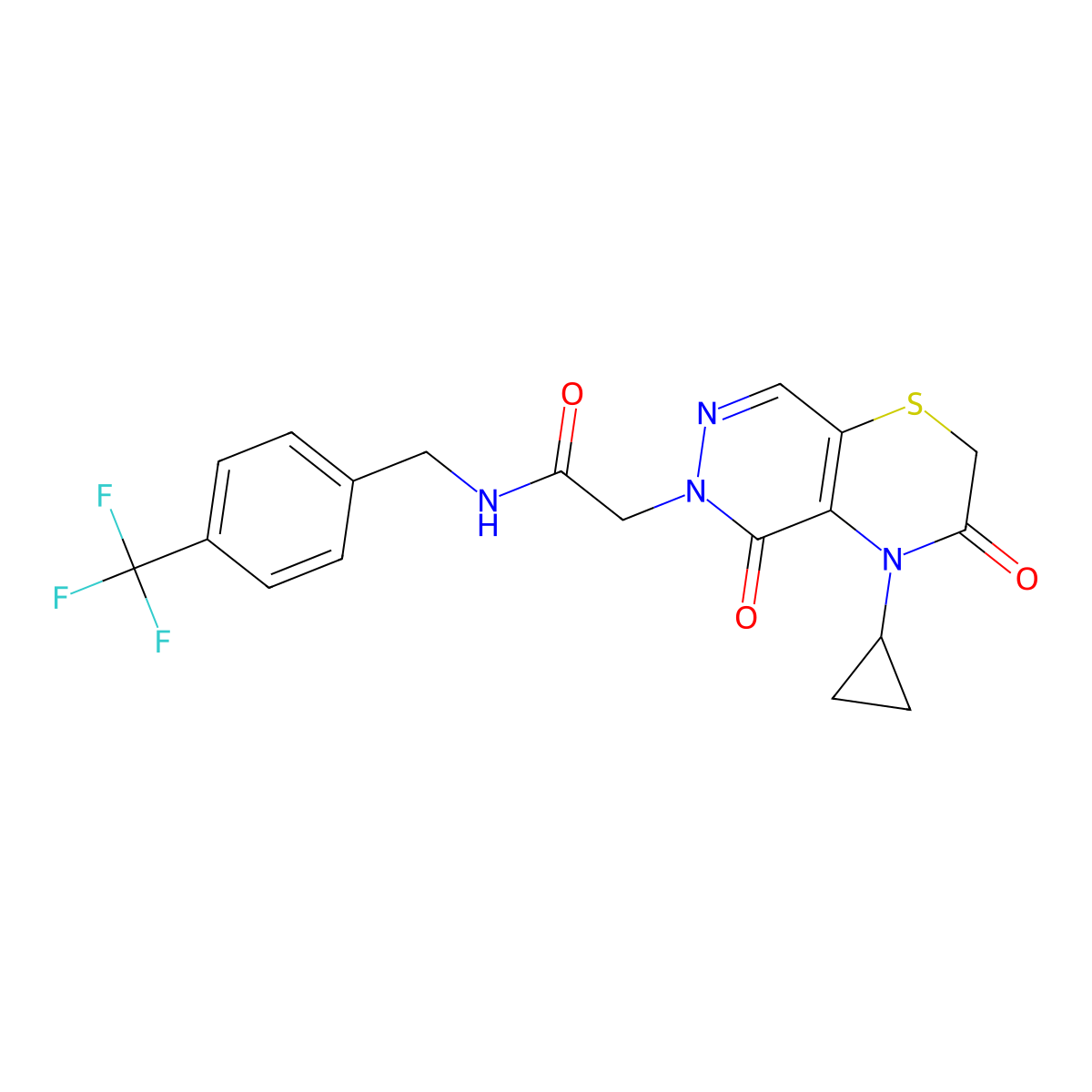 2-(4-cyclopropyl-3,5-dioxo-3,4-dihydro-2H-pyridazino[4,5-b][1,4]thiazin-6(5H)-yl)-N-(4-(trifluoromethyl)benzyl)acetamide molecular structure, CAS 1286704-56-0