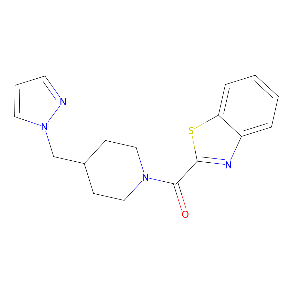 (4-((1H-pyrazol-1-yl)methyl)piperidin-1-yl)(benzo[d]thiazol-2-yl)methanone molecular structure, CAS 1286704-57-1