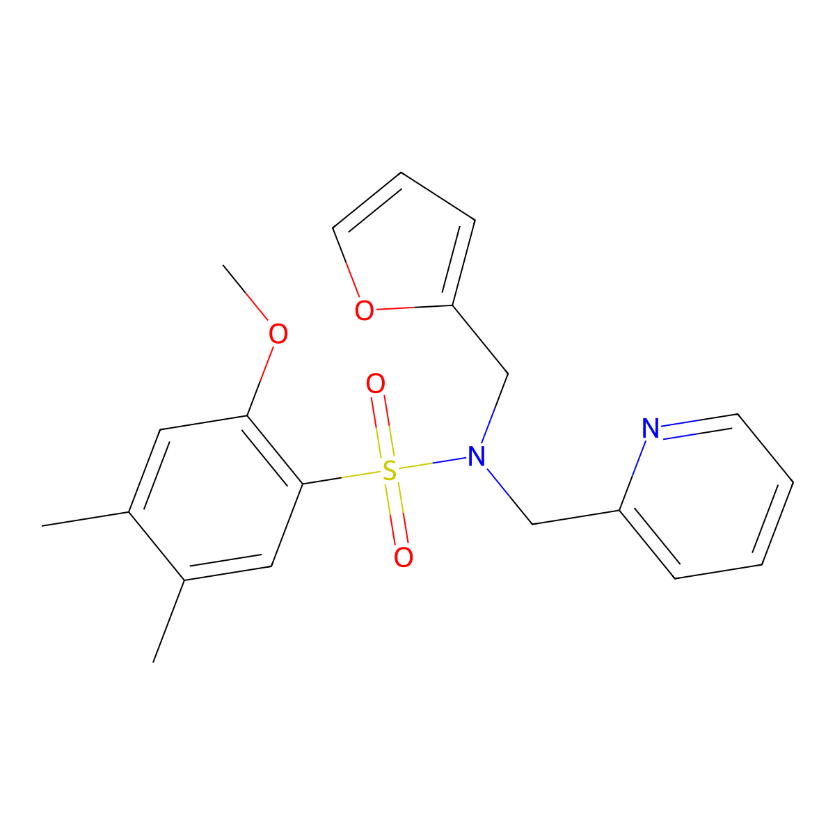 N-(furan-2-ylmethyl)-2-methoxy-4,5-dimethyl-N-(pyridin-2-ylmethyl)benzenesulfonamide molecular structure, CAS 1286704-83-3