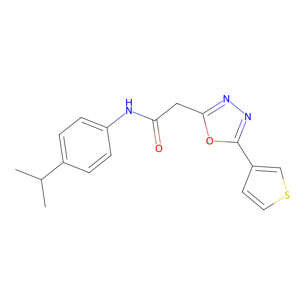 N-[4-(propan-2-yl)phenyl]-2-[5-(thiophen-3-yl)-1,3,4-oxadiazol-2-yl]acetamide molecular structure, CAS 1286704-88-8