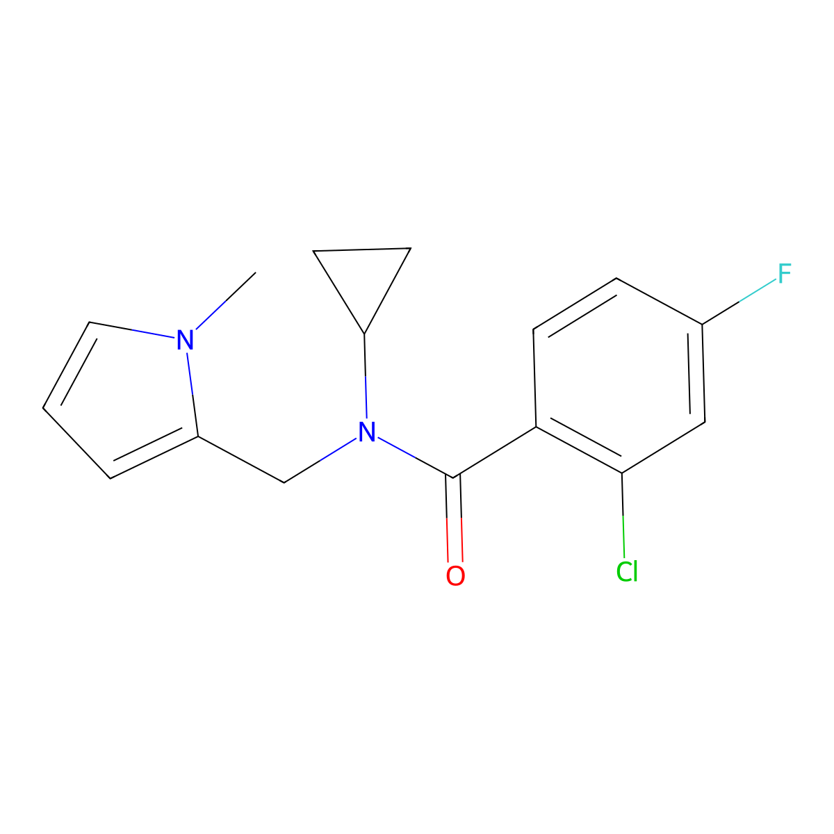 2-chloro-N-cyclopropyl-4-fluoro-N-((1-methyl-1H-pyrrol-2-yl)methyl)benzamide molecular structure, CAS 1286705-02-9