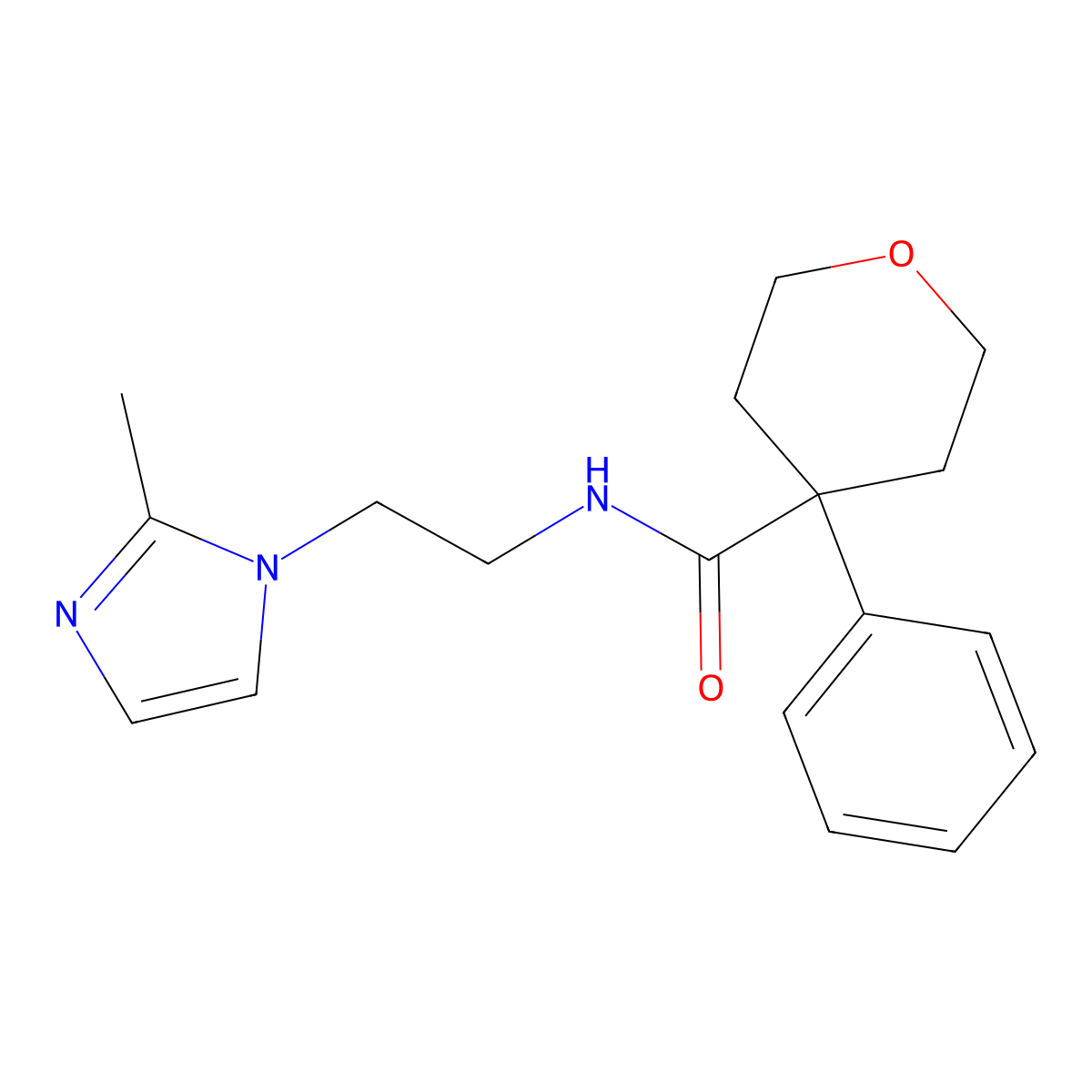 N-(2-(2-methyl-1H-imidazol-1-yl)ethyl)-4-phenyltetrahydro-2H-pyran-4-carboxamide molecular structure, CAS 1286705-25-6