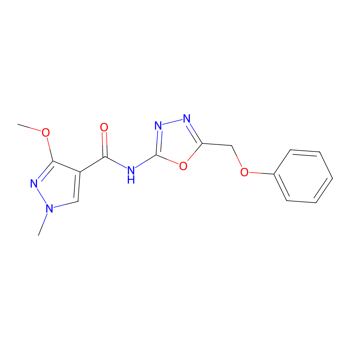 3-methoxy-1-methyl-N-(5-(phenoxymethyl)-1,3,4-oxadiazol-2-yl)-1H-pyrazole-4-carboxamide molecular structure, CAS 1286705-48-3