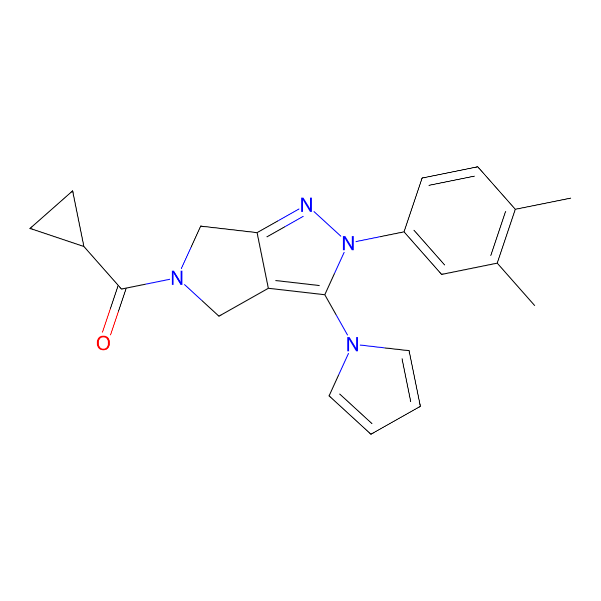 1-[5-cyclopropanecarbonyl-2-(3,4-dimethylphenyl)-2H,4H,5H,6H-pyrrolo[3,4-c]pyrazol-3-yl]-1H-pyrrole molecular structure, CAS 1286705-52-9