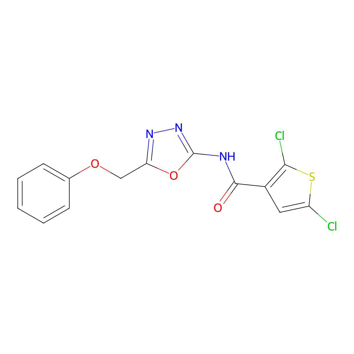 2,5-dichloro-N-[5-(phenoxymethyl)-1,3,4-oxadiazol-2-yl]thiophene-3-carboxamide molecular structure, CAS 1286705-54-1
