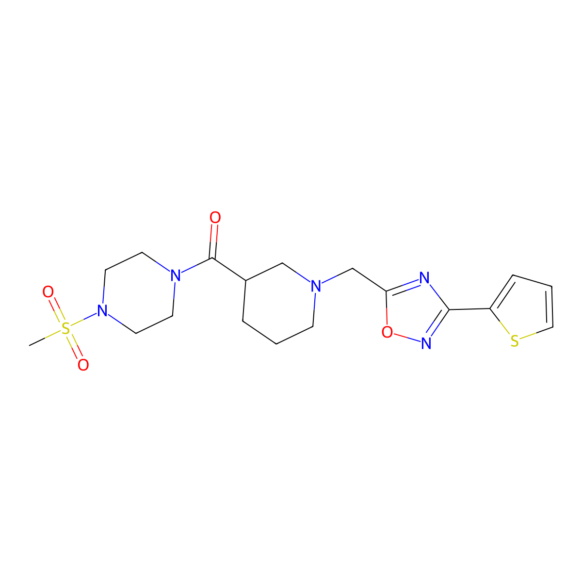 (4-(Methylsulfonyl)piperazin-1-yl)(1-((3-(thiophen-2-yl)-1,2,4-oxadiazol-5-yl)methyl)piperidin-3-yl)methanone molecular structure, CAS 1286705-55-2