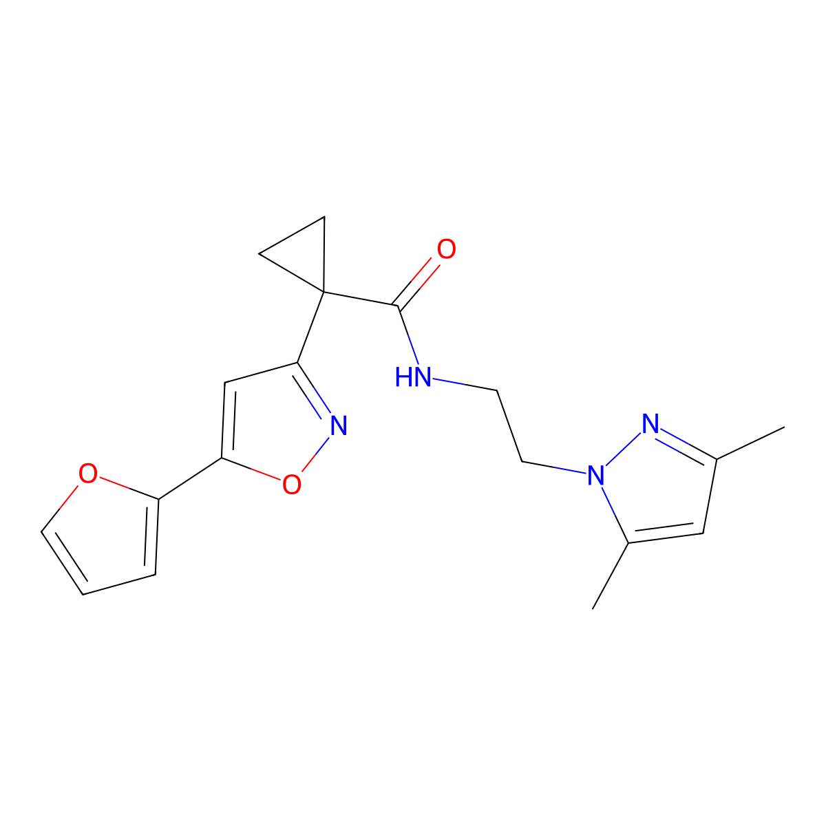 N-(2-(3,5-dimethyl-1H-pyrazol-1-yl)ethyl)-1-(5-(furan-2-yl)isoxazol-3-yl)cyclopropanecarboxamide molecular structure, CAS 1286705-56-3