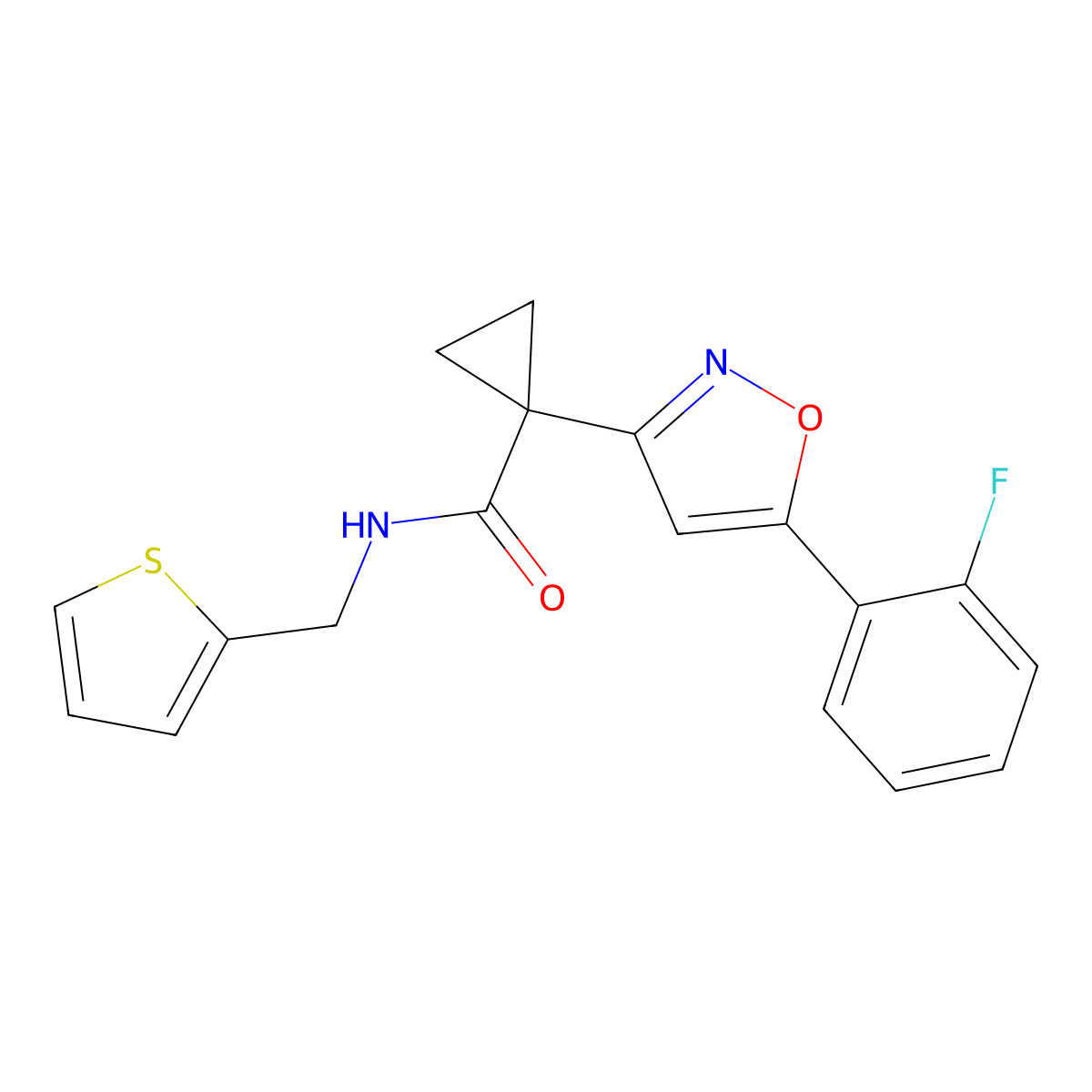 1-(5-(2-fluorophenyl)isoxazol-3-yl)-N-(thiophen-2-ylmethyl)cyclopropanecarboxamide molecular structure, CAS 1286705-63-2
