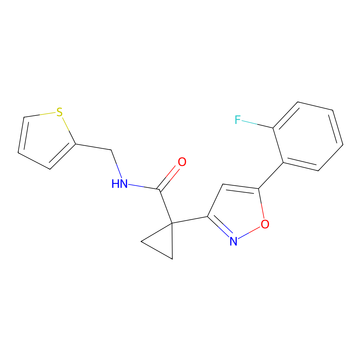 1-(5-(2-fluorophenyl)isoxazol-3-yl)-N-(thiophen-2-ylmethyl)cyclopropanecarboxamide molecular structure, CAS 1286705-63-2