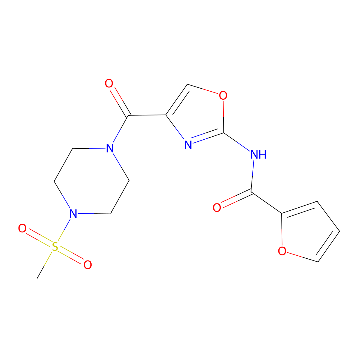 N-(4-(4-(methylsulfonyl)piperazine-1-carbonyl)oxazol-2-yl)furan-2-carboxamide molecular structure, CAS 1286705-64-3