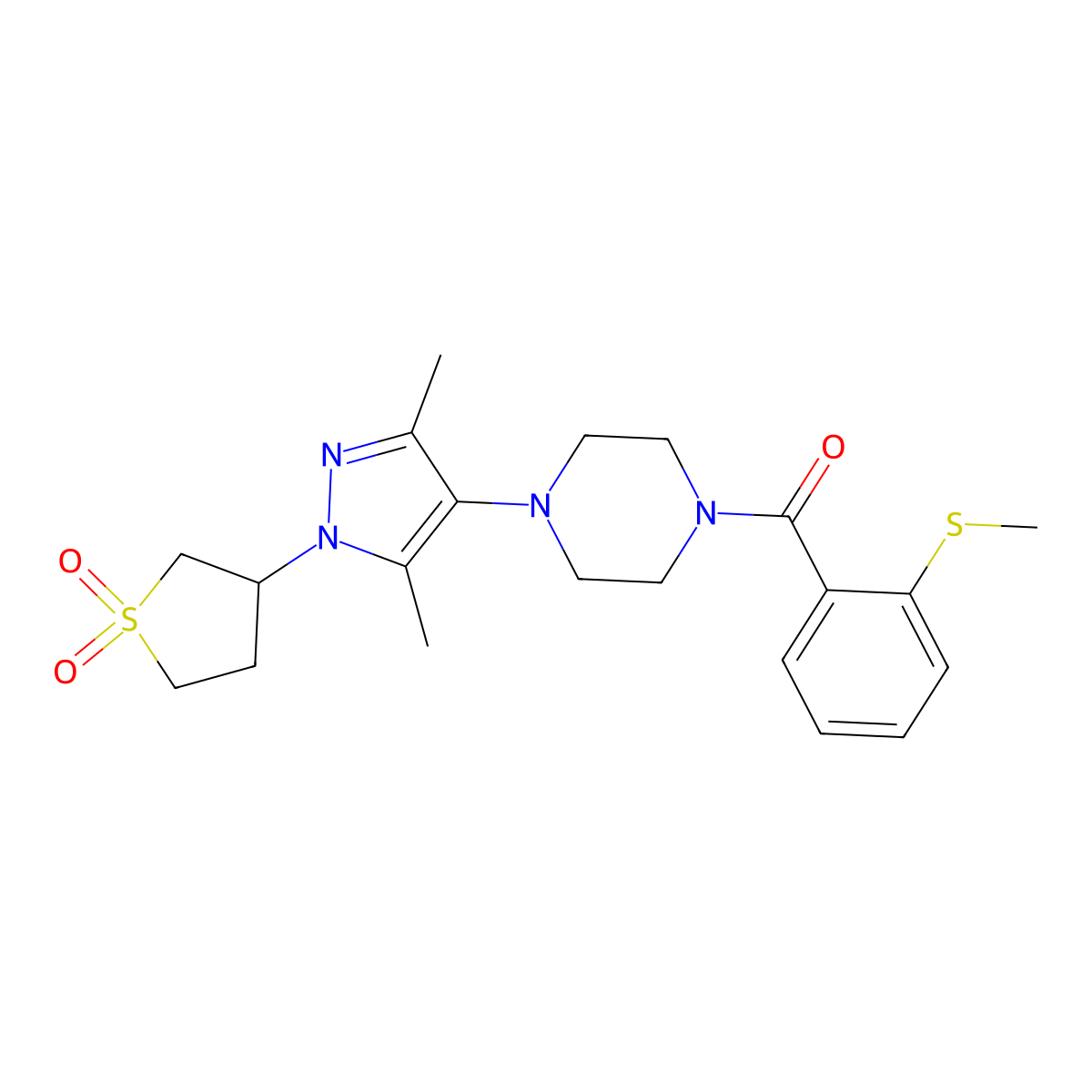 (4-(1-(1,1-dioxidotetrahydrothiophen-3-yl)-3,5-dimethyl-1H-pyrazol-4-yl)piperazin-1-yl)(2-(methylthio)phenyl)methanone molecular structure, CAS 1286705-66-5