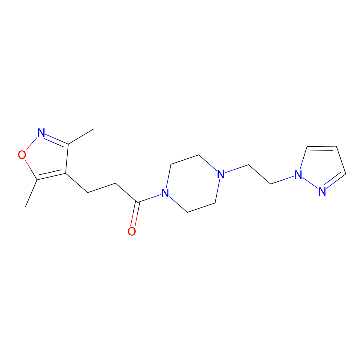 1-(4-(2-(1H-pyrazol-1-yl)ethyl)piperazin-1-yl)-3-(3,5-dimethylisoxazol-4-yl)propan-1-one molecular structure, CAS 1286705-70-1