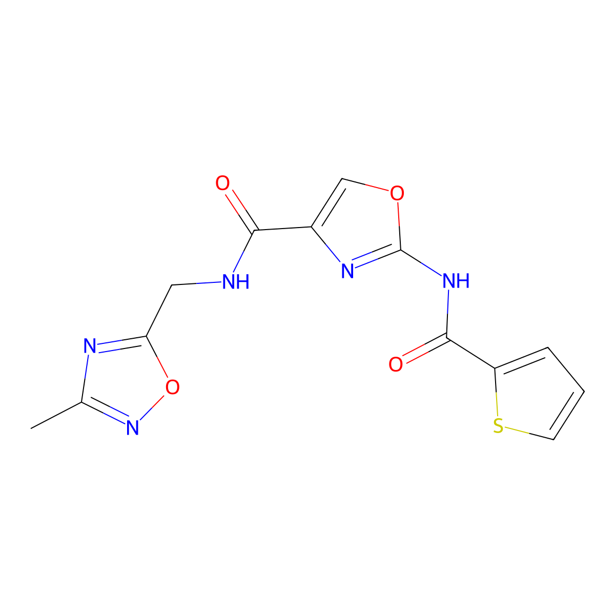 N-((3-methyl-1,2,4-oxadiazol-5-yl)methyl)-2-(thiophene-2-carboxamido)oxazole-4-carboxamide molecular structure, CAS 1286705-71-2