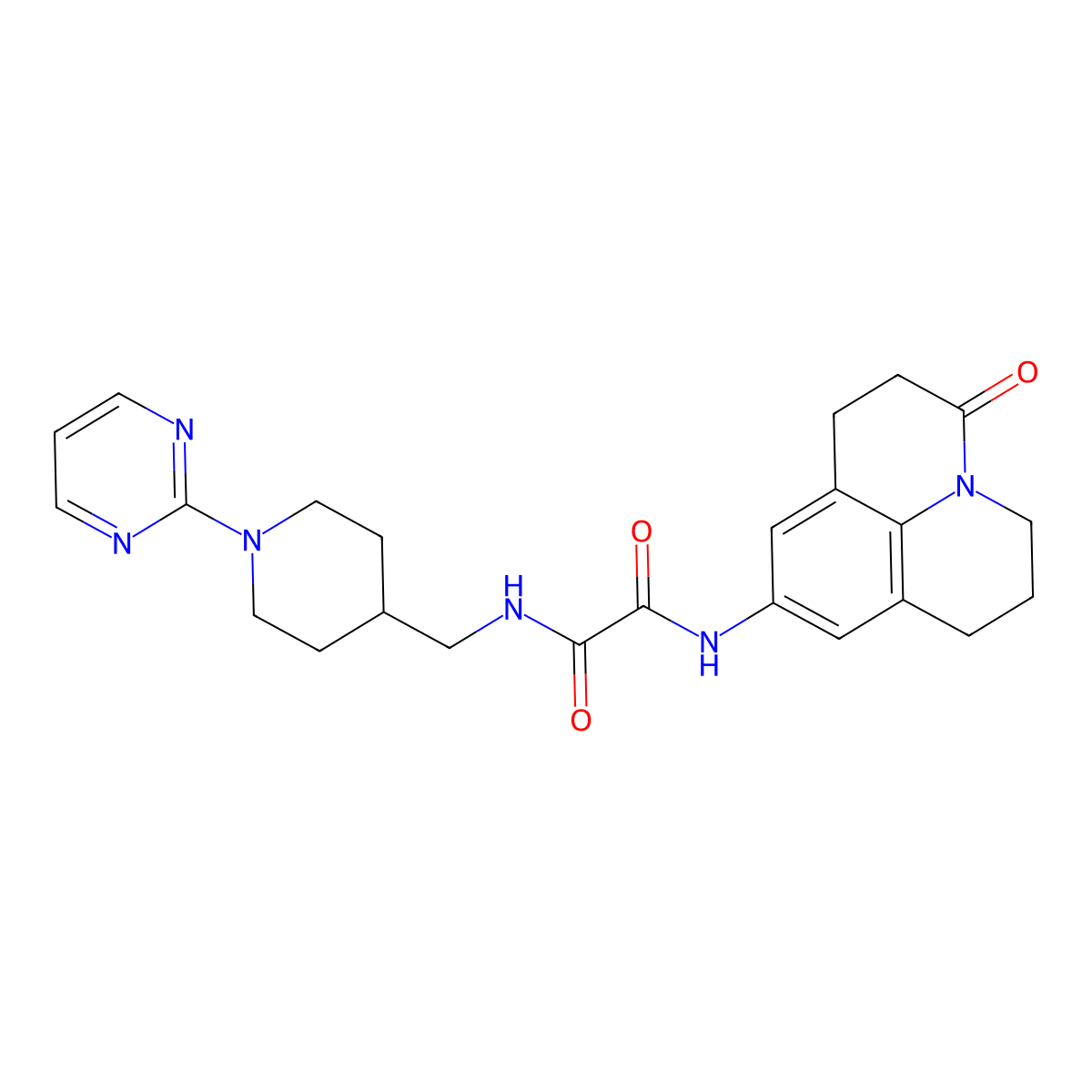 N1-(3-oxo-1,2,3,5,6,7-hexahydropyrido[3,2,1-ij]quinolin-9-yl)-N2-((1-(pyrimidin-2-yl)piperidin-4-yl)methyl)oxalamide molecular structure, CAS 1286705-75-6