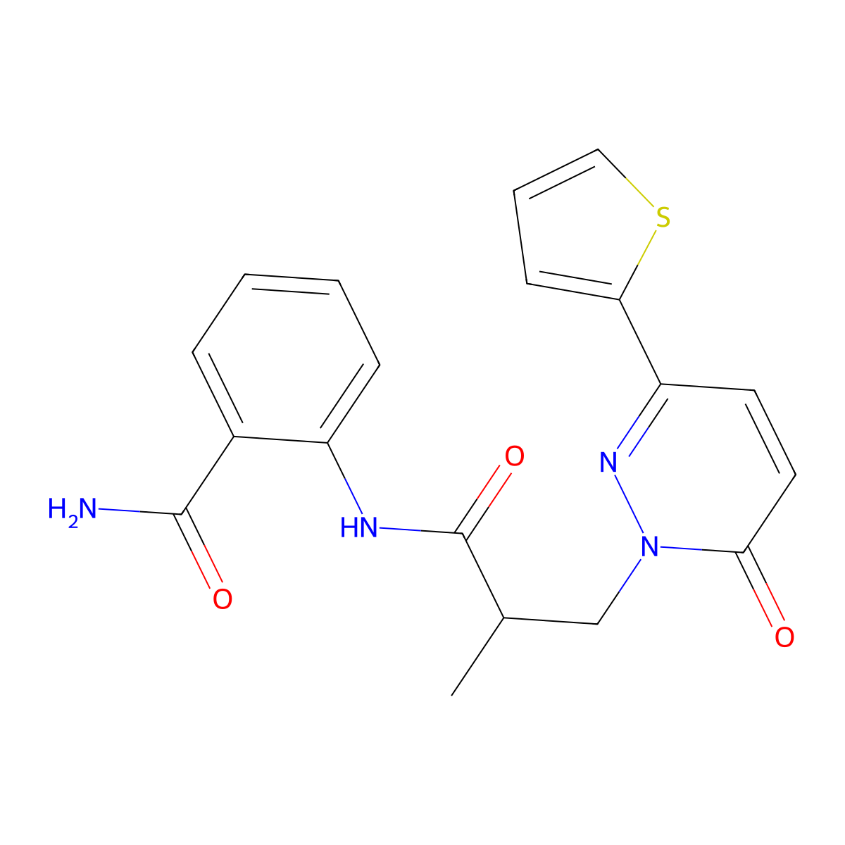 2-(2-methyl-3-(6-oxo-3-(thiophen-2-yl)pyridazin-1(6H)-yl)propanamido)benzamide molecular structure, CAS 1286705-86-9