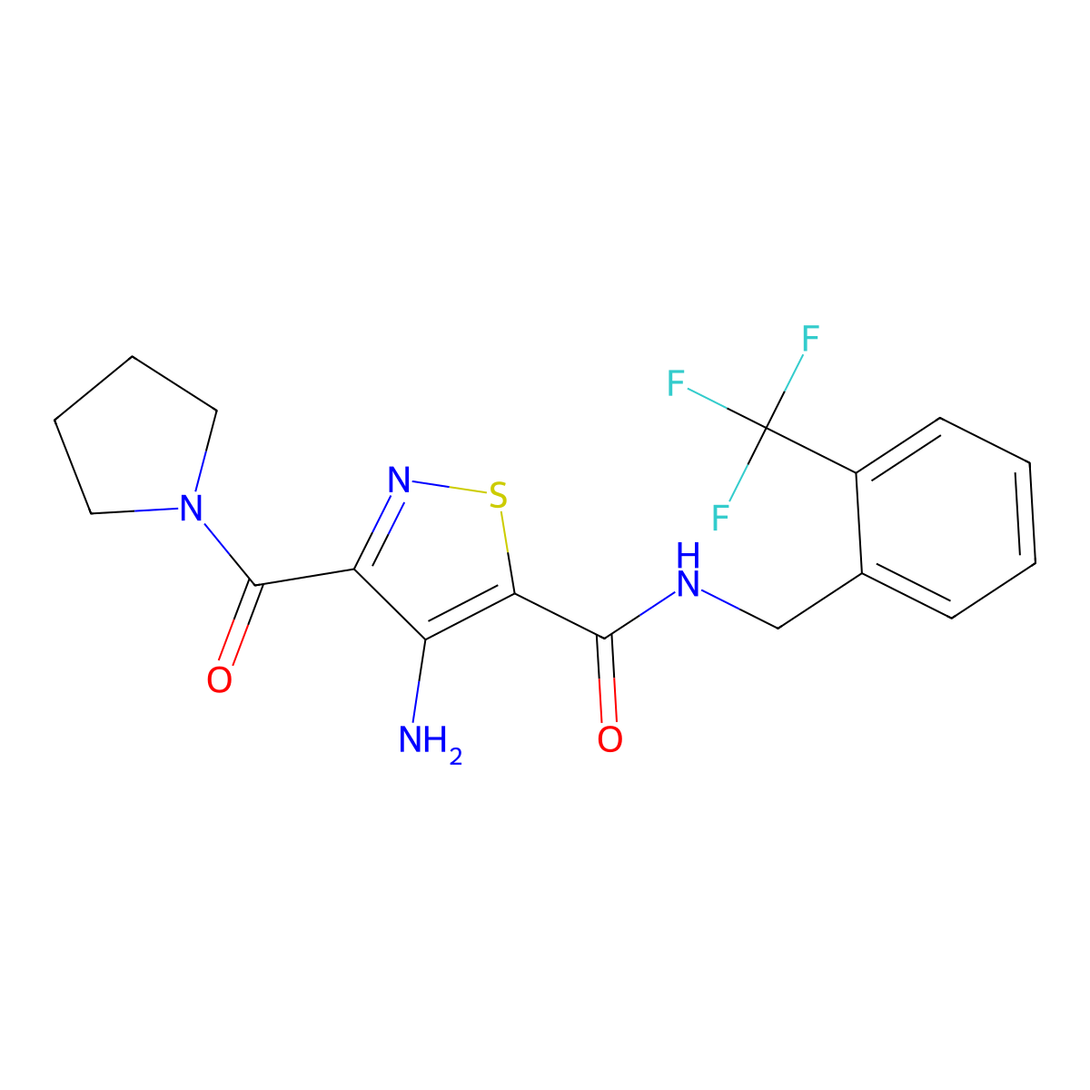 4-amino-3-(pyrrolidine-1-carbonyl)-N-(2-(trifluoromethyl)benzyl)isothiazole-5-carboxamide molecular structure, CAS 1286705-87-0