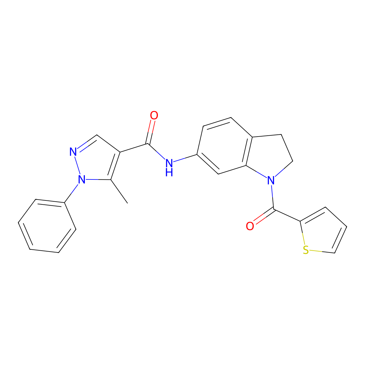 5-methyl-1-phenyl-N-(1-(thiophene-2-carbonyl)indolin-6-yl)-1H-pyrazole-4-carboxamide molecular structure, CAS 1286706-10-2