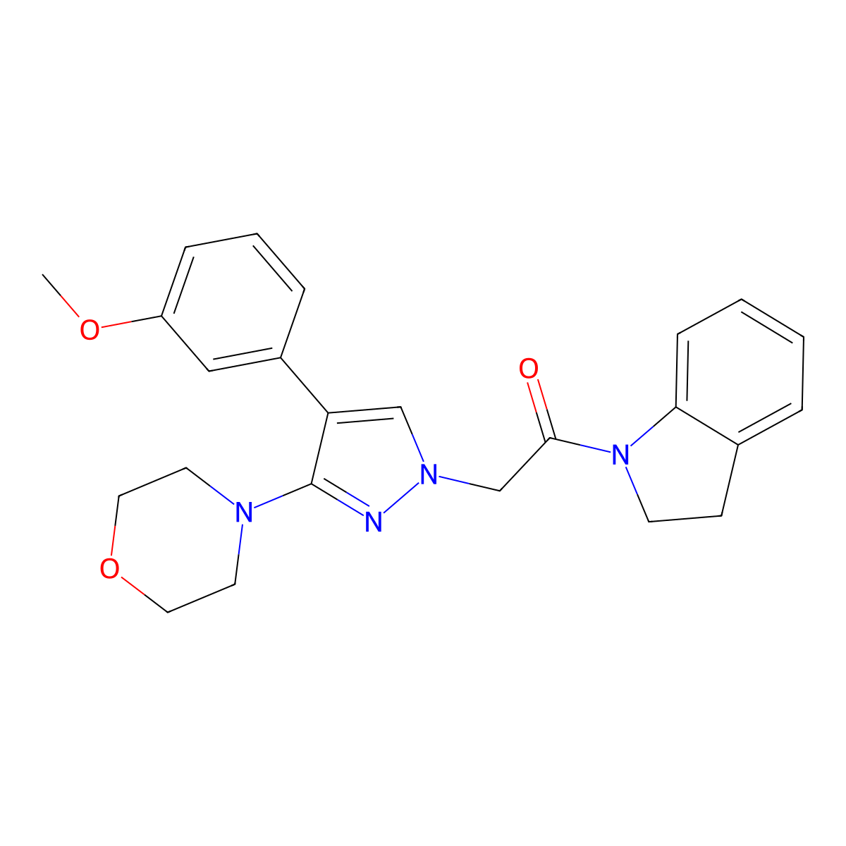 1-(indolin-1-yl)-2-(4-(3-methoxyphenyl)-3-morpholino-1H-pyrazol-1-yl)ethanone molecular structure, CAS 1286706-18-0