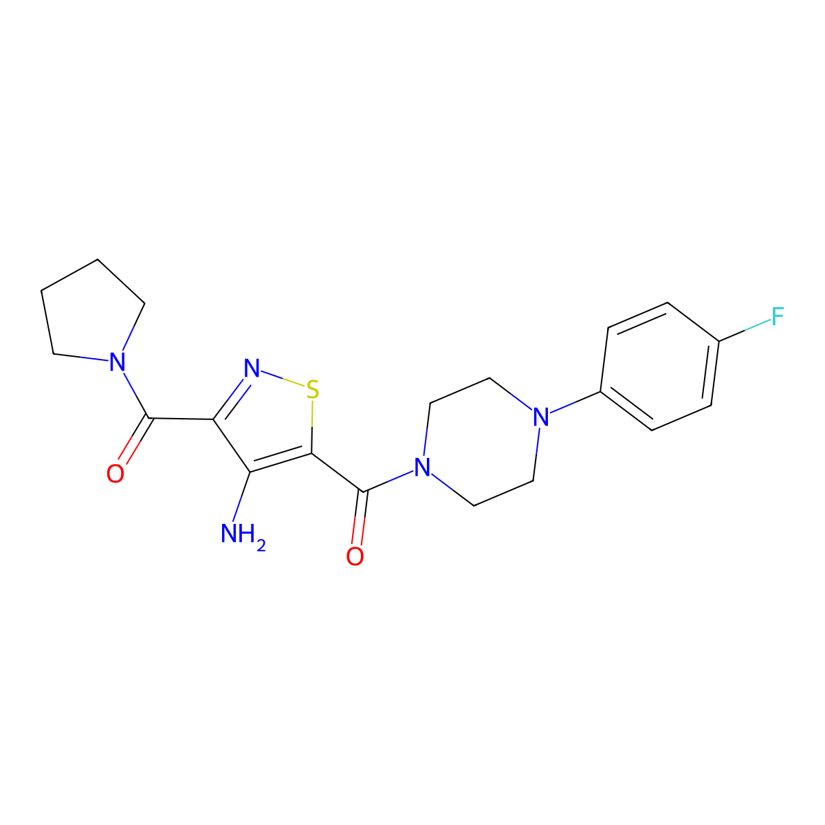 (4-Amino-3-(pyrrolidine-1-carbonyl)isothiazol-5-yl)(4-(4-fluorophenyl)piperazin-1-yl)methanone molecular structure, CAS 1286706-32-8