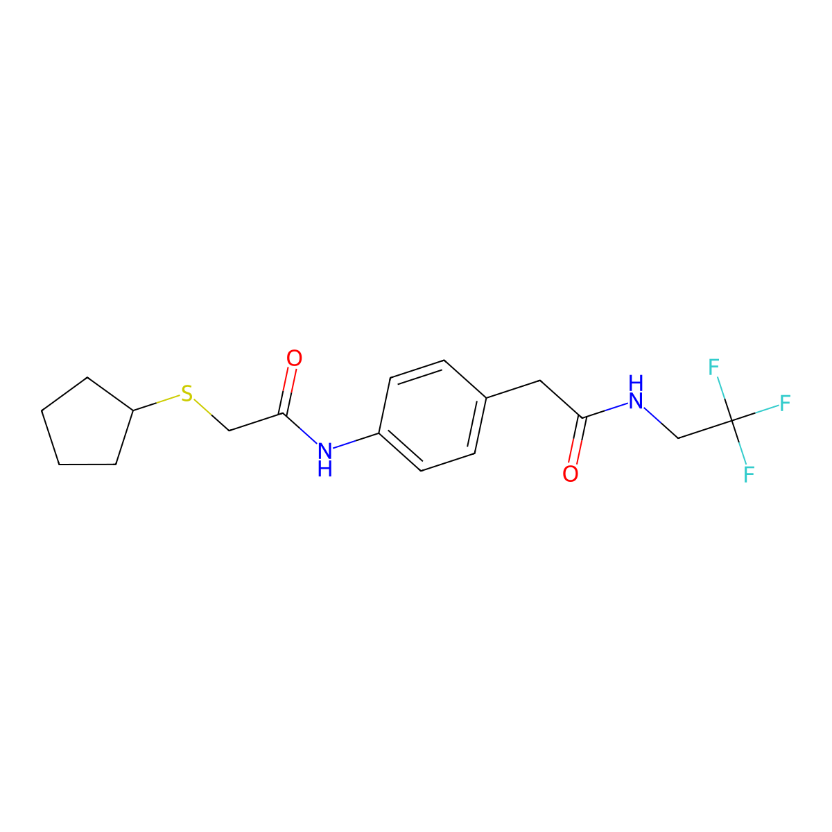 2-(cyclopentylthio)-N-(4-(2-oxo-2-((2,2,2-trifluoroethyl)amino)ethyl)phenyl)acetamide molecular structure, CAS 1286706-49-7