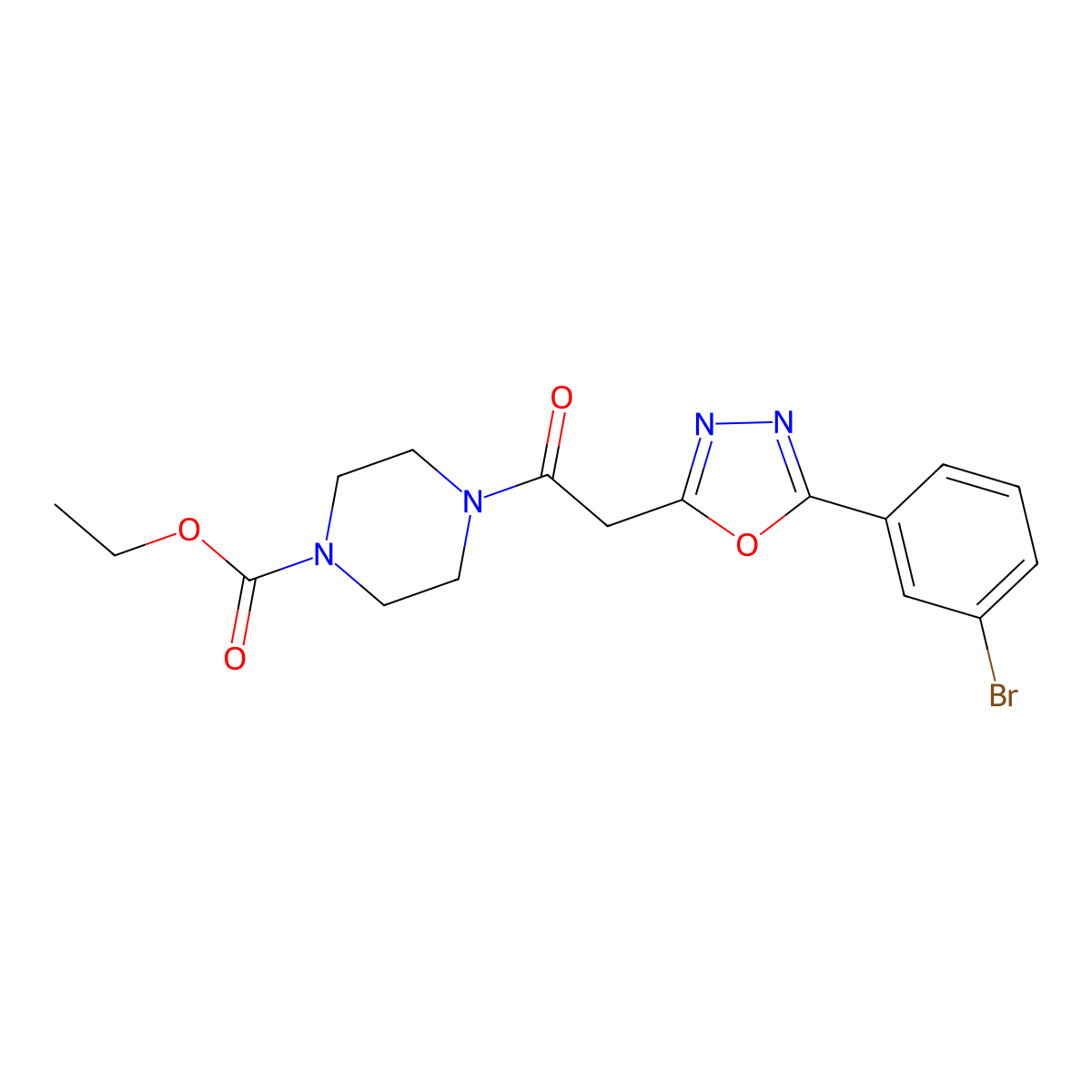 Ethyl 4-(2-(5-(3-bromophenyl)-1,3,4-oxadiazol-2-yl)acetyl)piperazine-1-carboxylate molecular structure, CAS 1286706-57-7